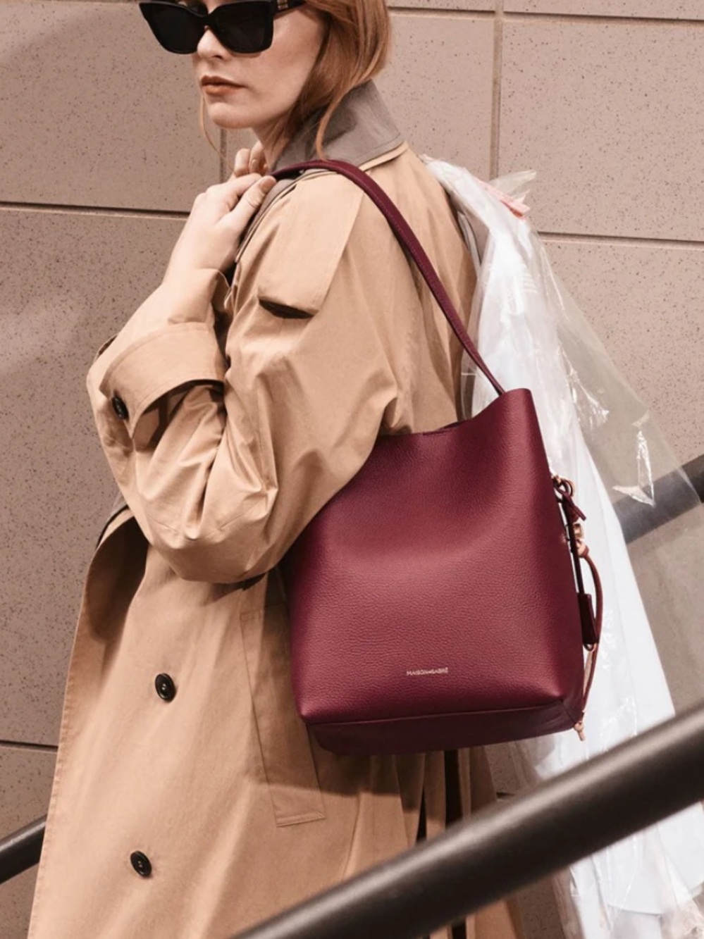 New w tags Maison de Sabre Brown Bucket Soft Tote plum nude $469